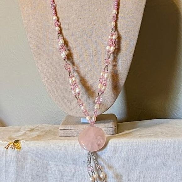 Pink Quartz, Potato Pearls, and Glass Bead Tassel Necklace - Picture 3 of 13